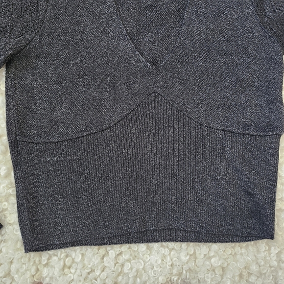 Anthropologie Sz L Metallic V-Neck Twofer Sweater Black Woven Sleeve Chic Night - Picture 6 of 15
